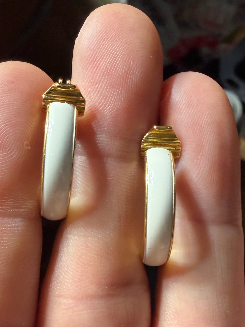 Vintage Monet Gold Tone White Enamel Clip Hoop Earrings